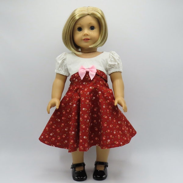 Brick Red and White 1950's Dress, Fits 18 Inch Dolls // Doll Clothes, Flared, Princess Seams, Flowers, Empire Waist