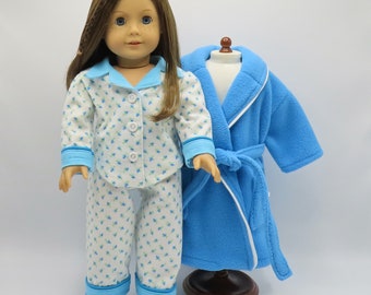 Blue Robe and Slippers with Flannel Pajamas, Fits 18 Inch Dolls // Doll Clothes, Sleepwear, PJs, White, Rosebuds