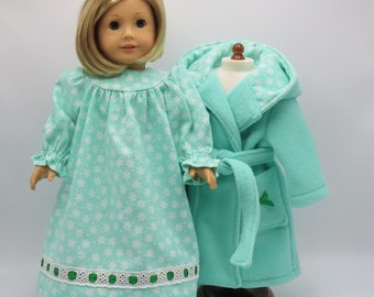 Mint Green Robe and Slippers with Flannel Nightgown, Fits 18 Inch Dolls // Doll Clothes, Sleepwear, Flowered, Pajamas, White