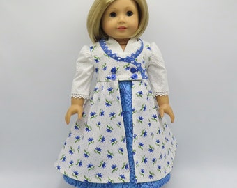 Blue Regency Dress with Flowered Pinafore, Fits 18" Dolls // Doll Clothes, Historical, Period, White, Dotted