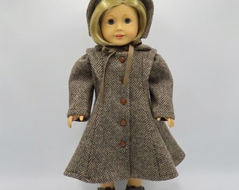 Brown Wool 1930's Coat and Bonnet, Fits 18 Inch Dolls // Doll Clothes, Historical, Herringbone Pattern, Hat, Black