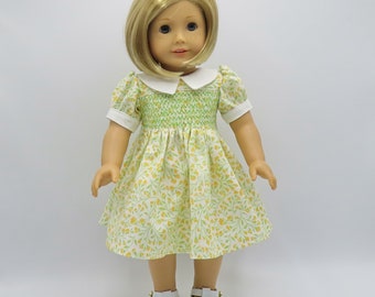 Yellow Flowered Smocked Dress, Fits 18" Dolls // Doll Clothes, White, Spring, Summer, Decorative Stitching, Green