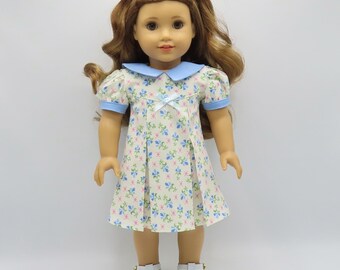 Flowered 1930's Pleated Dress, Fits 18" Dolls // Doll Clothes, Historical, White, Zipper, Bow, Pink, Blue