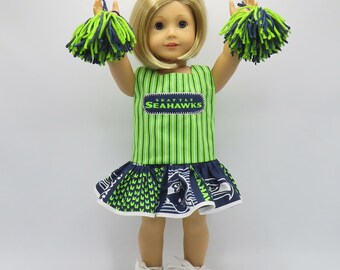 Seahawks Cheerleading Dress with Pom-Poms, Fits 18 Inch Dolls // Doll Clothes, Seattle, 12s, Green, Navy Blue, Sports