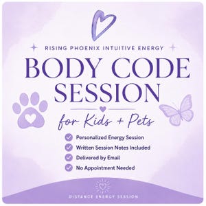 May include: A square graphic with a light purple watercolor background featuring the text Rising Phoenix Intuitive Energy Body Code Session for Kids + Pets. Includes a heart, paw print, butterfly, and a list of four check-marked service features.