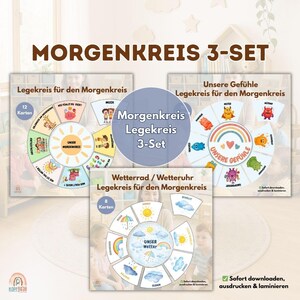 Puede incluir: Un conjunto de tres carteles educativos con el texto "MORGENKREIS 3-SET". Los carteles presentan ilustraciones coloridas y diseños circulares con texto en alemán. Un cartel tiene 12 tarjetas, otro 8 tarjetas y el tercero emociones.