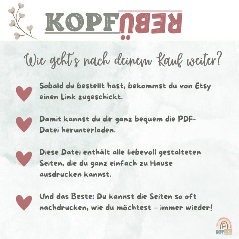 May include: A pink and white graphic with the text "KOPF" in red letters. The text "Wie geht's nach deinem Kauf weiter?" is in black letters. The graphic explains how to download and print a PDF file after purchasing a product on Etsy.