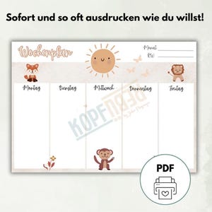 May include: A printable weekly planner with a cute sun, fox, monkey, and lion illustration. The planner has spaces for each day of the week: Monday, Tuesday, Wednesday, Thursday, and Friday. The planner also has a space for the month and week number.