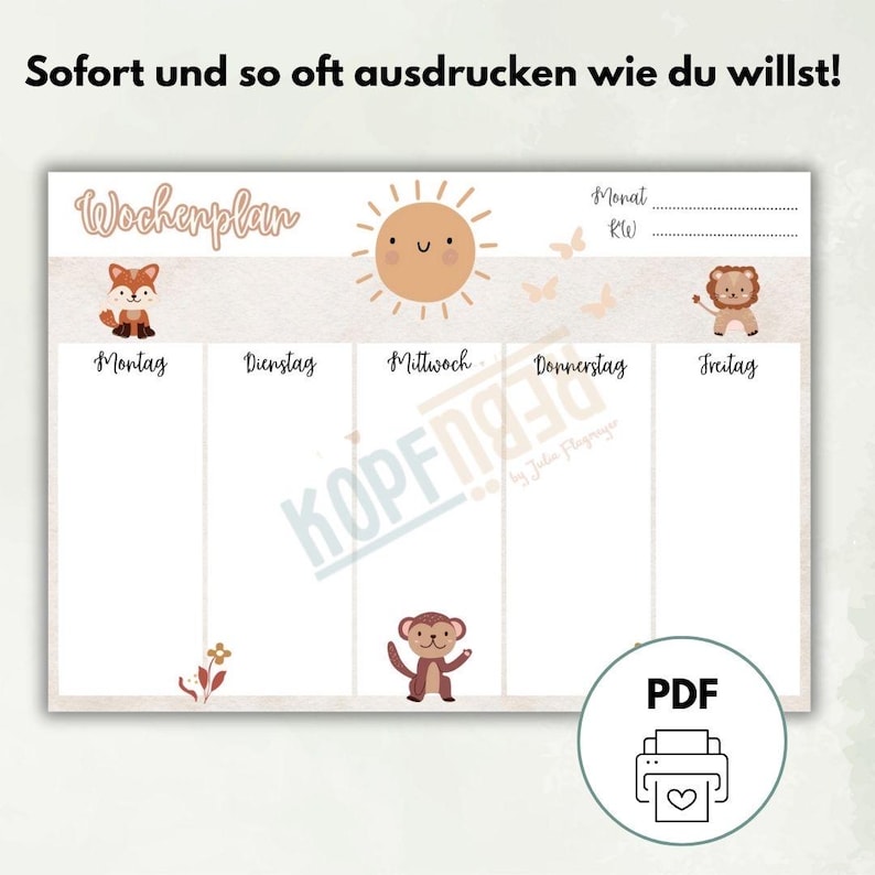 May include: A printable weekly planner with a cute sun, fox, monkey, and lion illustration. The planner has spaces for each day of the week: Monday, Tuesday, Wednesday, Thursday, and Friday. The planner also has a space for the month and week number.