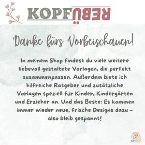 May include: A digital image with a white background and a floral design in the top left corner. The text "KOPF" is in red and the text "Danke f&uuml;rs Vorbeischauen!" is in black. The text below is in black and reads: "In meinem Shop findest du viele weitere liebevoll gestaltete Vorlagen, die perfekt zusammenpassen. Au&szlig;erdem biete ich hilfreiche Ratgeber und zus&auml;tzliche Vorlagen speziell f&uuml;r Kinder, Kinderg&auml;rten und Erzieher an. Und das Beste: Es kommen immer wieder neue, frische Designs dazu - also bleib gespannt!" The text "KOPF938" is in the bottom right corner.