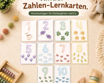 May include: A set of ten rectangular educational cards featuring numbers one through ten, each illustrated with corresponding watercolor-style objects like ducks, elephants, frogs, stars, balloons, clouds, butterflies, chicks, turtles, and fish.