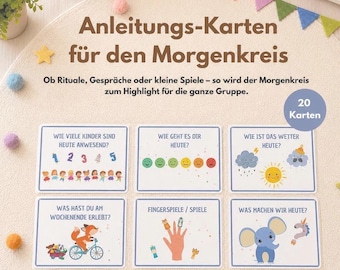 May include: A set of 20 instructional cards for morning circle time, featuring German text, colorful illustrations of numbers, weather, emotions, and activities. The cards are white with blue borders, designed for group interaction and daily routines.