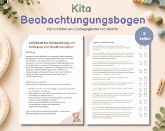 Può includere: Un documento digitale intitolato Kita Beobachtungsbogen per educatori, che mostra due pagine di testo in tedesco con linee guida per l'osservazione e una lista di controllo. Include una piccola illustrazione di un orsetto e un cerchio blu da 8 pagine.