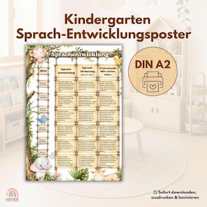 May include: A DIN A2 poster with the text "Kindergarten Sprach-Entwicklungsposter" in brown. The poster has a jungle theme with illustrations of animals and text boxes detailing language development. The poster is designed for immediate download, printing, and lamination.