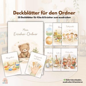 May include: A set of printable educational resources for nurseries and teachers. The image shows a cover with a teddy bear illustration and several cards with themes like "Morning Circle" and "Christmas". The text reads "Mein Erzieher-Ordner".