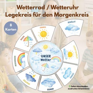 May include: A weather wheel featuring illustrations of various weather conditions, such as sunshine, clouds, rain, and snow. The wheel is designed for educational use and includes the text "UNSER Wetter" in the centre. The image also includes the text "8 Karten".