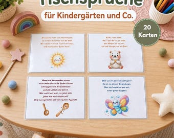 May include: Four rectangular cards with German text and illustrations of a sun, a bear, spoons, and a butterfly. The cards are titled Tischsprüche für Kindergärten und Co. and include a green circular badge stating 20 Karten. The cards feature various mealtime rhymes for children.