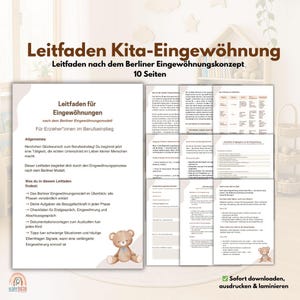 Puede incluir: Una guía para profesionales de la infancia, titulada "Leitfaden Kita-Eingewöhnung" y con "10 Seiten." Cubre el modelo de aclimatación de Berlín, listas de verificación y plantillas de documentación. También presenta un gráfico de oso de peluche y el texto "Sofort downloaden, ausdrucken & laminieren."