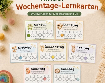 May include: Seven rectangular educational cards labeled with German days of the week from Montag to Sonntag. Each card features a small animal illustration, a short poem, and a numbered row of seven circles with one colored circle indicating the day.