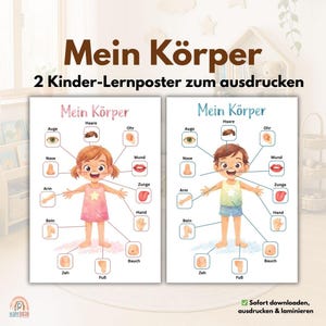 Könnte beinhalten: Zwei Lernposter mit dem Titel "Mein Körper" für Kinder, mit Illustrationen eines Mädchens und eines Jungen. Jedes Poster zeigt beschriftete Körperteile auf Deutsch, darunter "Auge" (Auge), "Nase" (Nase) und "Arm" (Arm). Die Poster sind zum Ausdrucken.
