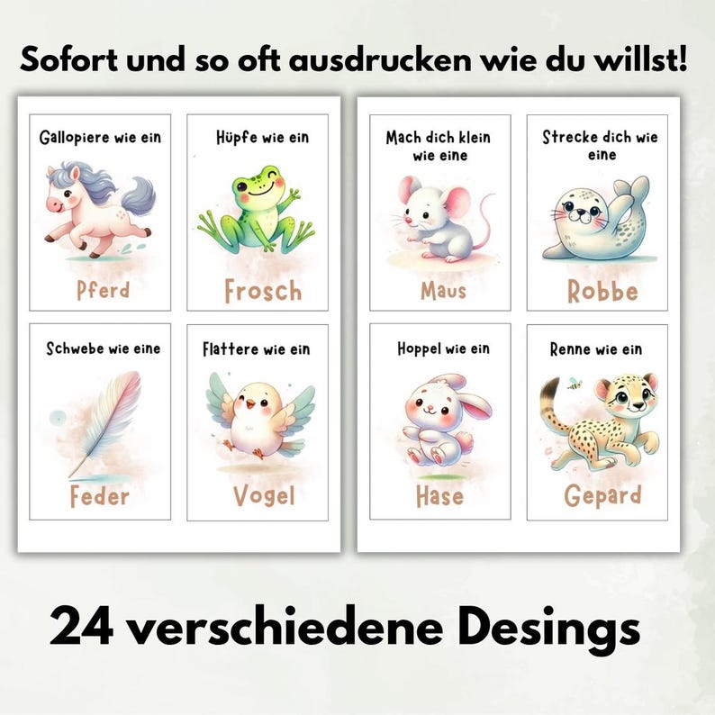 May include: A set of printable cards featuring eight illustrations of animals and objects with German text. Each card displays a character like a horse, frog, mouse, seal, feather, bird, rabbit, or cheetah, accompanied by action-based phrases.