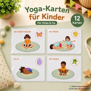 Könnte beinhalten: Ein Set aus 12 laminierten Yoga-Karten für Kinder mit Illustrationen von Kindern in verschiedenen Yoga-Posen auf runden Matten. Jede Karte zeigt einen deutschen Titel, ein passendes Tier- oder Objektsymbol und eine Yoga-Übung.