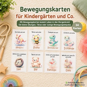 May include: A set of 24 movement cards for children featuring illustrations of animals like a kangaroo, bee, dinosaur, snake, hedgehog, bear, flamingo, and goose. Each card includes German text instructions for physical activities and exercises.