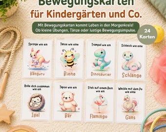May include: A set of 24 movement cards for children featuring illustrations of animals like a kangaroo, bee, dinosaur, snake, hedgehog, bear, flamingo, and goose. Each card includes German text instructions for physical activities and exercises.