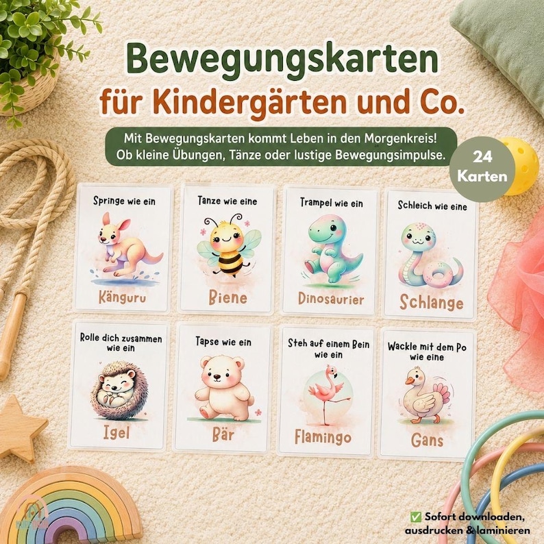 May include: A set of 24 movement cards for children featuring illustrations of animals like a kangaroo, bee, dinosaur, snake, hedgehog, bear, flamingo, and goose. Each card includes German text instructions for physical activities and exercises.