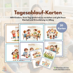 Könnte beinhalten: Ein Set von 20 illustrierten Karten für Kinder, die verschiedene tägliche Aktivitäten wie Frühstück, Spielzeit und Lesen zeigen. Die Karten haben einen blauen Rand und enthalten deutschen Text. Das Bild enthält auch den Text "Tagesablauf-Karten".