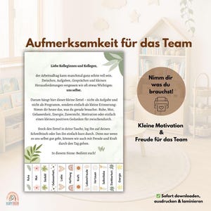 May include: A printable motivational card with German text, featuring phrases like "Take what you need" and "Little Motivation & Joy for the Team." The card includes a list of positive attributes and is designed to be downloaded and printed.