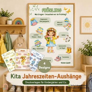 以下が含まれることがあります： FRÜHLINGというタイトルの教育用ポスター。レインジャケット、帽子、スカーフ、セーター、ドレス、靴下、ブーツなどの季節の衣類のイラストが、花を持つ中央のキャラクターの周りに描かれており、その下に3つの小さな季節のポスターが配置されています。