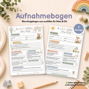 Könnte beinhalten: Zwei ausdruckbare Aufnahmebögen mit dem Titel Alles über dein Kind, verziert mit pastellfarbenen Illustrationen von Heißluftballon, Regenbogen, Teddybär und Reh. Die Formulare enthalten Abschnitte für persönliche Daten und Tagesabläufe.