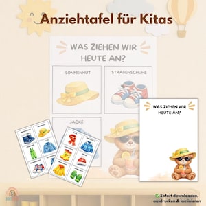 Könnte beinhalten: Ein pädagogisches Poster für Kinder mit dem Text "Anziehtafel für Kitas" und "WAS ZIEHEN WIR HEUTE AN?" zeigt Illustrationen von Kleidungsstücken wie Sonnenhut, Turnschuhen und Jacke. Zusätzliche Karten zeigen weitere Kleidungsoptionen. Ein Teddybär mit Sonnenbrille und Sonnenhut ist ebenfalls abgebildet.