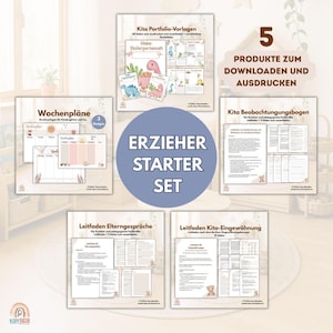 May include: A set of printable educational resources for early years educators. The image shows weekly planners, portfolio templates, observation sheets, and guides for parent communication and kindergarten integration. The text on the image says "ERZIEHER STARTER SET".