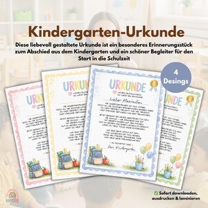 Könnte beinhalten: Vier farbenfrohe Kindergarten-Abschlusszertifikate mit deutschem Text. Jedes Zertifikat zeigt eine Illustration von Rucksack, Apfel und Bleistiften. Die Zertifikate sind in Rosa, Gelb, Blau und Grün mit dekorativen Rändern.
