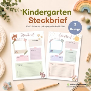 Puede incluir: Dos plantillas de perfil imprimibles para educadores tituladas Kindergarten Steckbrief. Cada hoja incluye secciones para nombre, edad, intereses y detalles personales, decoradas con ilustraciones de un zorro, un mapache, un sol y flores en tonos pastel.