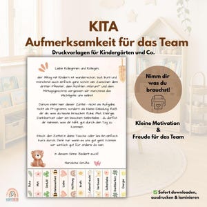 May include: A printable KITA team motivation card with text in German. The card features a teddy bear illustration, a list of positive attributes, and the phrase "Take what you need!" in a brown circle.