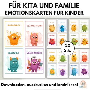 Tarjetas de emociones para niños con monstruos: aprende 20 emociones | Tarjetas de emociones para guardería y hogar | Inspiradas en Montessori | PDF para imprimir