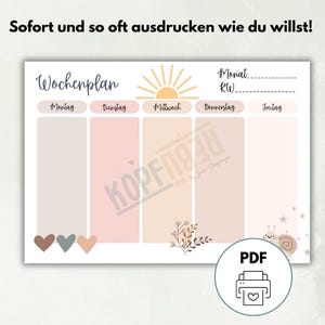 May include: A printable weekly planner with a peach, beige, and gray color scheme. The planner has a sun graphic at the top and a snail graphic at the bottom. The text "Wochenplan" is at the top of the planner. The days of the week are listed across the top: Montag, Dienstag, Mittwoch, Donnerstag, Freitag.