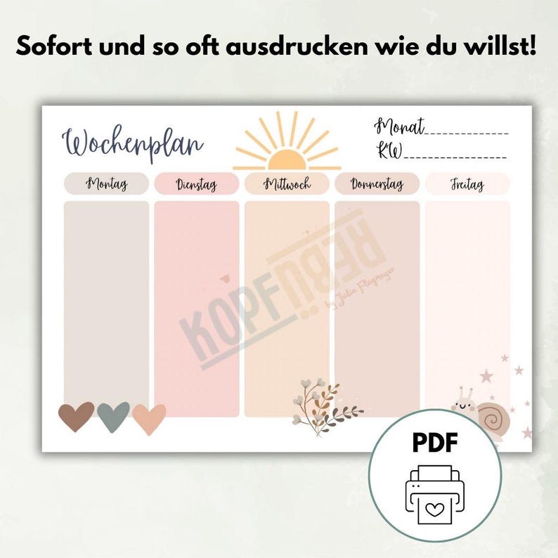 May include: A printable weekly planner with a peach, beige, and gray color scheme. The planner has a sun graphic at the top and a snail graphic at the bottom. The text "Wochenplan" is at the top of the planner. The days of the week are listed across the top: Montag, Dienstag, Mittwoch, Donnerstag, Freitag.