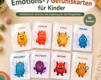 May include: A set of 20 educational cards titled Emotions- / Gefühlskarten für Kinder. Each card features a colorful monster illustration representing a specific emotion with German text labels including Albern, Dankbar, Stolz, Traurig, Erschöpft, Frustriert, Wütend, and Neugierig.