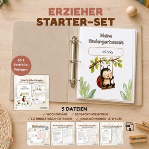 Könnte beinhalten: Ein beiger Ringordner mit drei Ringen, der Seiten mit der Überschrift Meine Kindergartenzeit und einer Marienkäfer-Illustration enthält. Beinhaltet eine kleine Karte mit 60 S. Portfolio-Vorlagen sowie vier Dokumentenvorschauen für Wochenpläne, Beobachtungsbogen, Leitfaden Elterngespräche und Leitfaden Kita-Eingewöhnung.