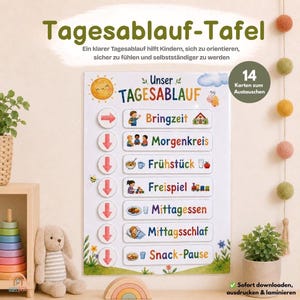Könnte beinhalten: Eine weiße Tagesablauf-Tafel mit der Überschrift Unser TAGESABLAUF, einer Sonnenillustration und 14 austauschbaren Karten mit bunten Symbolen und deutschem Text für Aktivitäten wie Frühstück, Mittagessen und Mittagsschlaf, vertikal angeordnet.