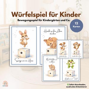 Puede incluir: Un conjunto de 12 tarjetas para juegos infantiles. Cada tarjeta presenta una ilustración en acuarela de un animal sobre un dado, con instrucciones en alemán. Las tarjetas incluyen un conejo, un zorro, un cachorro, un búho, un ratón y una rana.