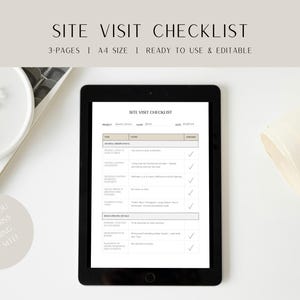 May include: A digital checklist for site visits, with sections for general observations and administrative details. The checklist is ready to use and editable, and includes a title that says "Site Visit Checklist".
