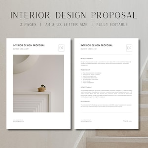 May include: A two-page interior design proposal template in a minimalist style. The template features a white background with black text and a simple logo. The first page includes a photo of a white room with a small plant on a shelf. The second page includes a project overview, project scope, project timeline, and fee estimate.
