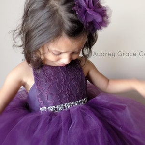 Tulle Eggplant Flower Girl Dress, Dark Purple Vintage Inspired  Toddler Dress, Plum Special Occasion Dress, Satin Lace Tulle Baby Girl Dress