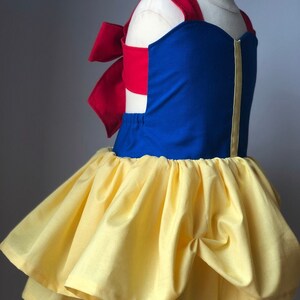 May include: A blue and yellow dress with a red bow on the back. The dress has a sweetheart neckline and a full skirt.