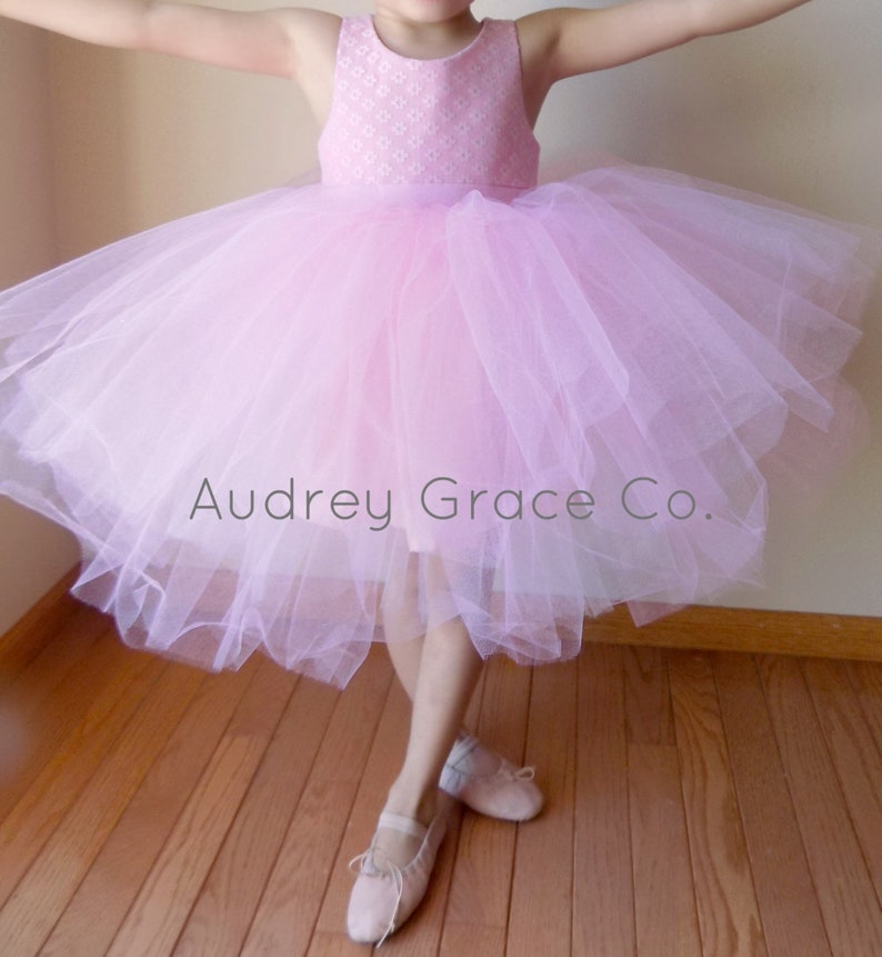 Op de afbeelding: Een roze tulejurk met een wit bloemencorset. De jurk is gelaagd en heeft een hoge taille. De jurk wordt gedragen door een kind en het kind draagt roze balletten. De jurk heeft de tekst "Audrey Grace Co." op de rok.